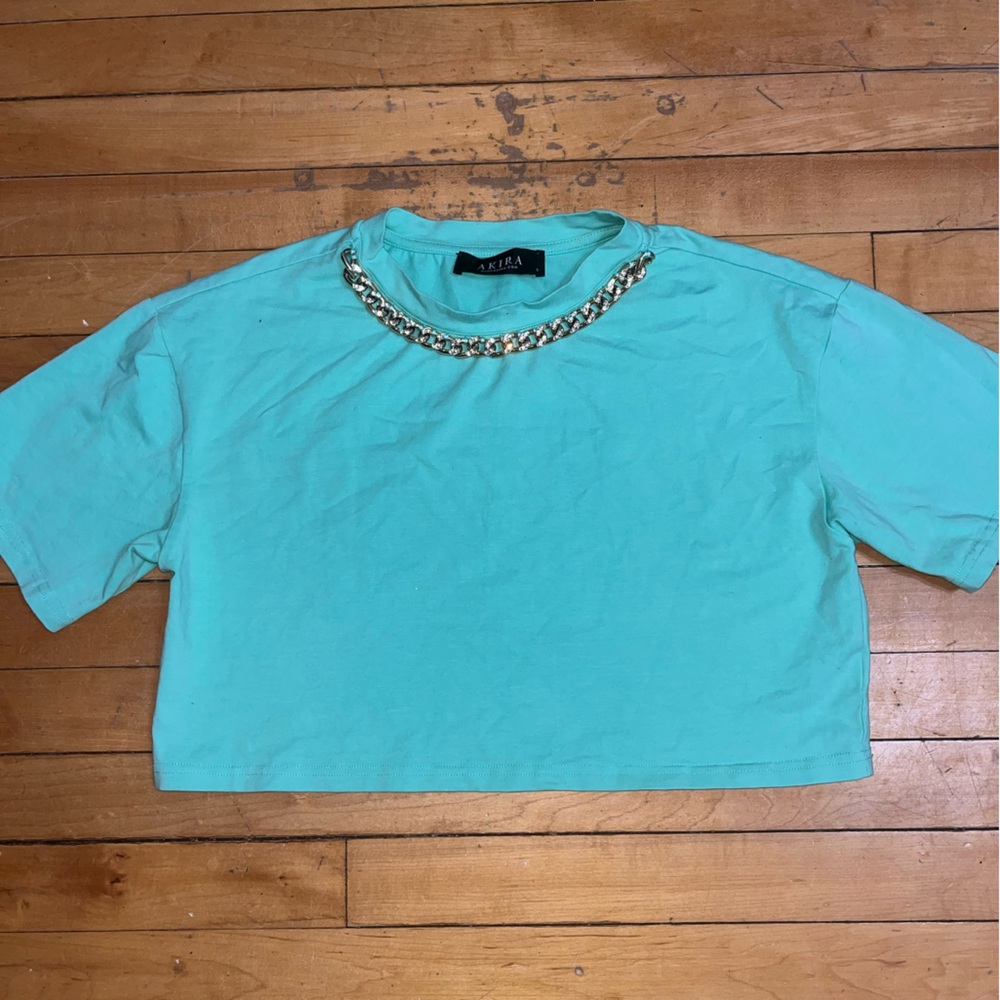 AKIRA Mint Green Top with Gold Chain Accent